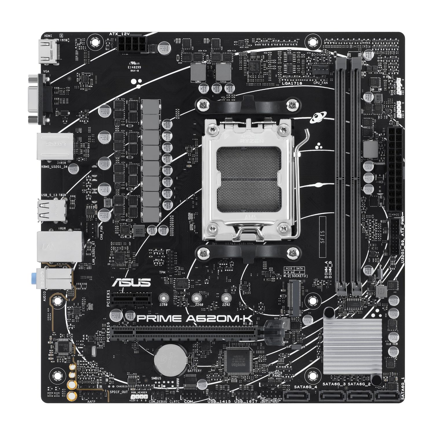 90MB1F40-M0EAY0 - Placa base ASUS PRIME A620M-K: (AM5) 2DDR5 M.2 SATA3 PCIe USB 2.0 USB-A 3.0 VGA HDMI RJ45 PS/2 7.1 mATX Gigabit Ethernet