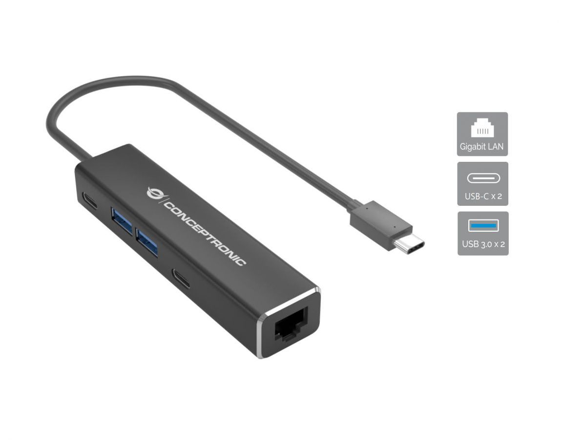 ABBY13B - Adaptador CONCEPTRONIC USB-C 3.0 a 2xUSB-A/2xUSB-C/1xRJ45 Ethernet GbE 23cm Gris (ABBY13B)