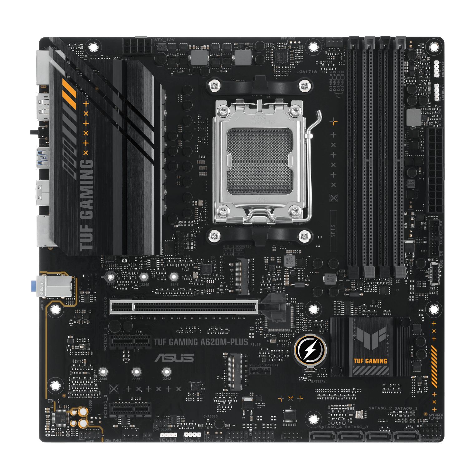 90MB1EZ0-M0EAY0 - Placa base ASUS TUF GAMING A620M-PLUS: (AM5) 4DDR5 M.2 SATA3 PCIe USB 2.0 USB-A 3.0 HDMI DP RJ45 PS/2 7.1 mATX Gigabit Ethernet 2.5