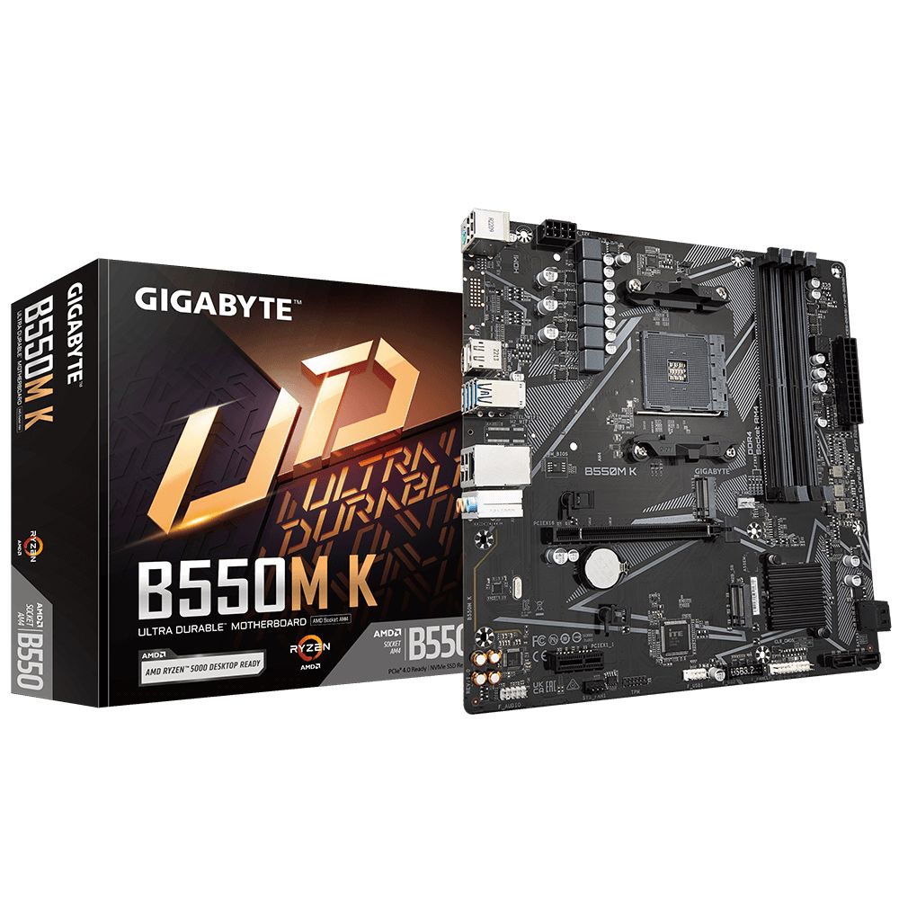 9MB55MK-00-10 - Placa base GIGABYTE B550M K:(AM4) 4DDR4 M.2 PCIe 3.0/4.0 USB 2.0 USB-A 3.0 HDMI DP PS/2 RJ45 7.1 mATX Gigabit Ethernet