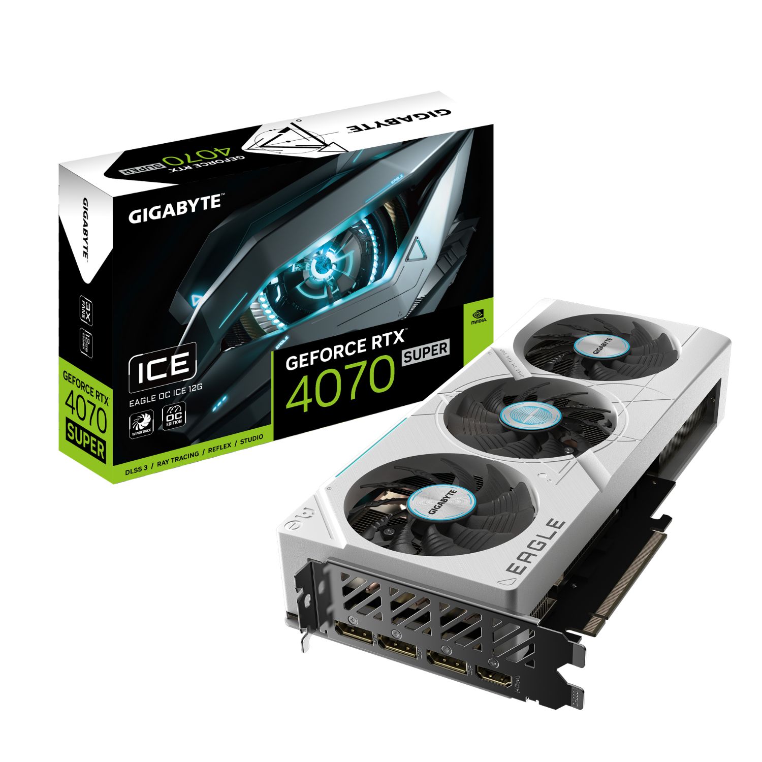 GV-N407SEAGLEOC ICE-12GD - GIGABYTE Nvidia GeForce RTX4070 SUPER EAGLE OC ICE 12Gb GDDR6X 3xDP 1.4a 1xHDMI 2.1a PCIe 4.0 OpenGL 4.6 (N407SEAGLEOC ICE-12GD)
