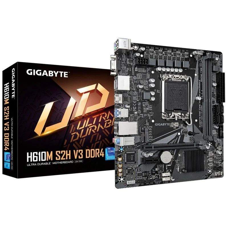 9MH61M2H3-00-10 - Placa base GIGABYTE H610M S2H V3:(1700) 2DDR4 SATA3 M.2 USB 2.0 USB-A 3.0 HDMI VGA DVI-D DP RJ45 PS/2 7.1 mATX Gigabit Ethernet