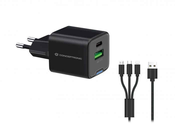 ALTHEA16B - Cargador de Pared CONCEPTRONIC 1xUSB-A 3.0 1xUSB-C PD 3.0 QC 3.0 33W Negro (ALTHEA16B)