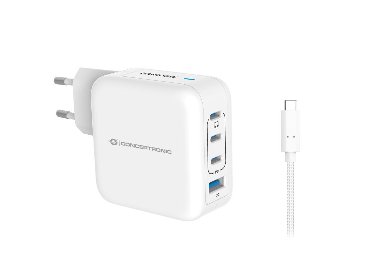 ALTHEA18W - Cargador de Pared CONCEPTRONIC 1xUSB-A 3.0 3xUSB-C PD 3.0 QC 3.0 100W Blanco (ALTHEA18W)