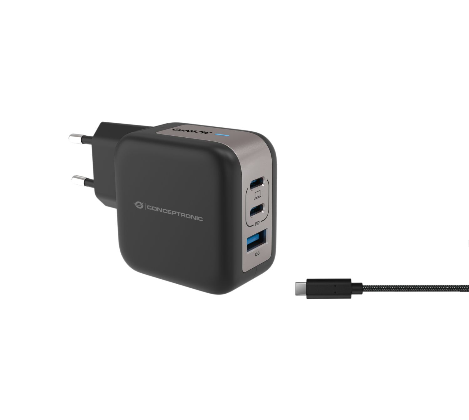 ALTHEA17B - Cargador de Pared CONCEPTRONIC Universal 1xUSB-A 2xUSB-C PD 3.0 QC 3.0 67W Negro (ALTHEA17B)