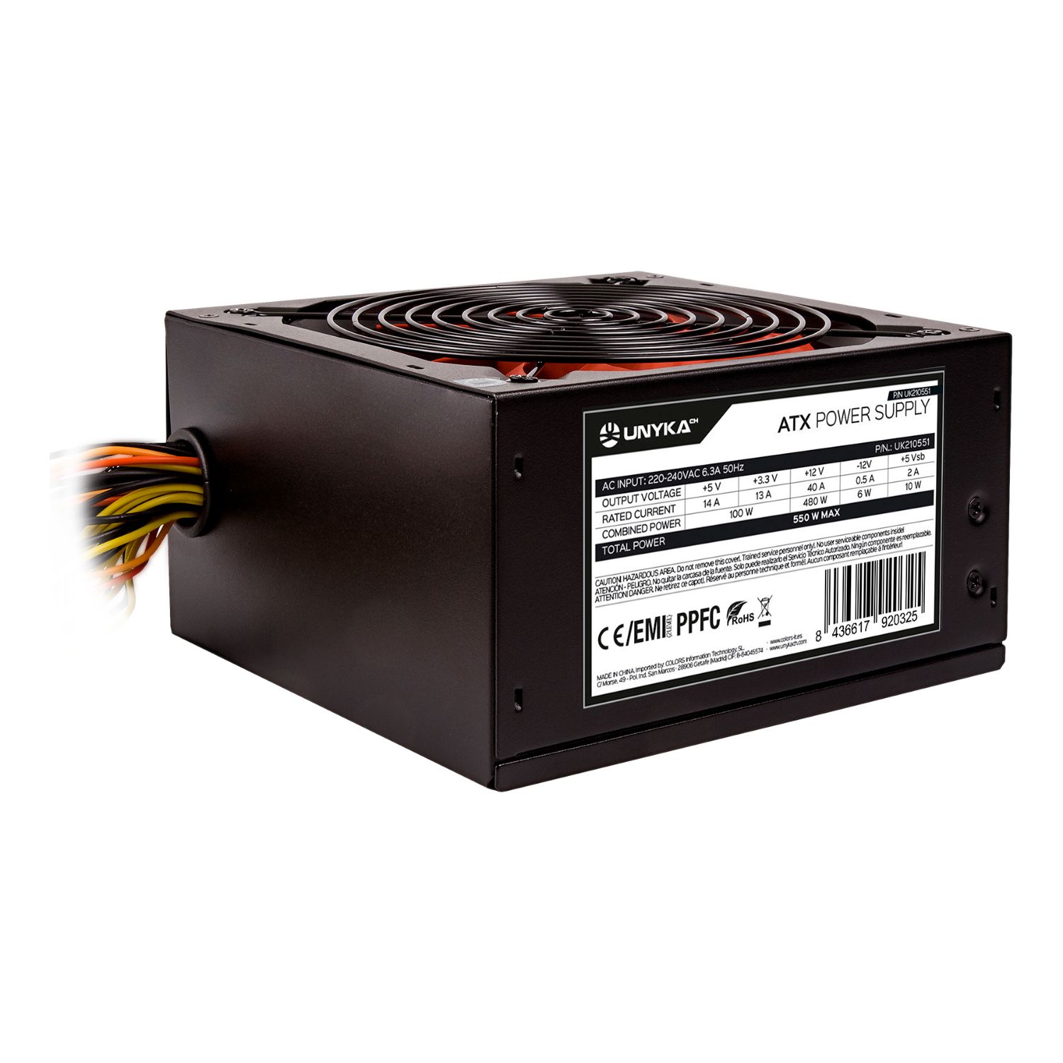 UK210551 - Fuente UNYKA ATX 550W PFC Pasivo 140mm 20+4 pin ATX 3x Molex EPS Negra/Roja (UK210551)