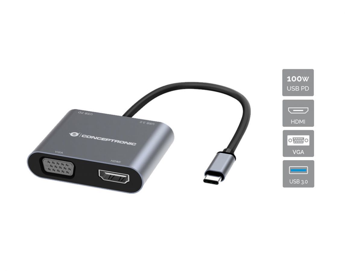 DONN16G - Adaptador CONCEPTRONIC 4 en 1 USB-C 3.0 a USB-A 3.0/USB-C PD 100W/HDMI/VGA Gris (DONN16G)