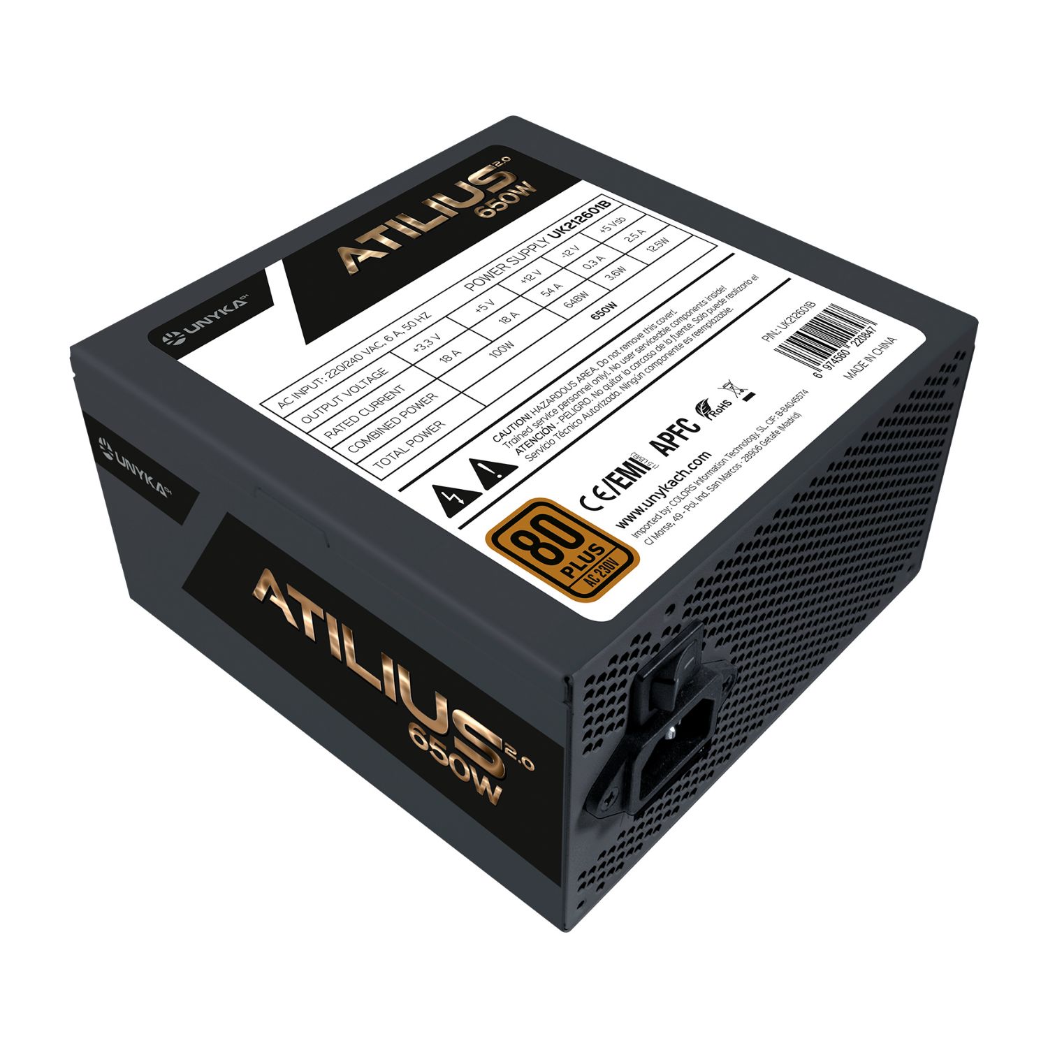 UK212601 - Fuente Unyka Atilius 2.0 ATX 650W APFC 120mm 24-pin Molex PCIe 80 Plus Bronze Negra (UK212601)