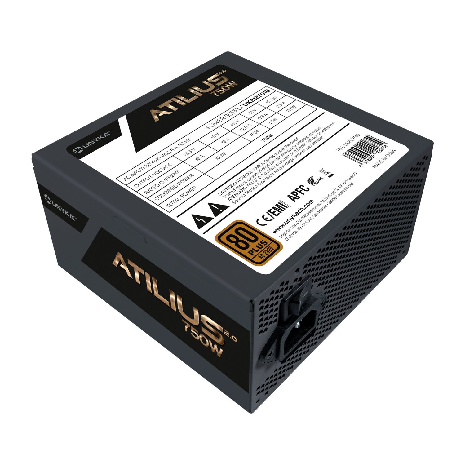 UK212701 - Fuente Unyka Atilius 2.0 ATX 750W APFC 120mm 24-pin Molex PCIe 80 Plus Bronze Negra (UK212701)
