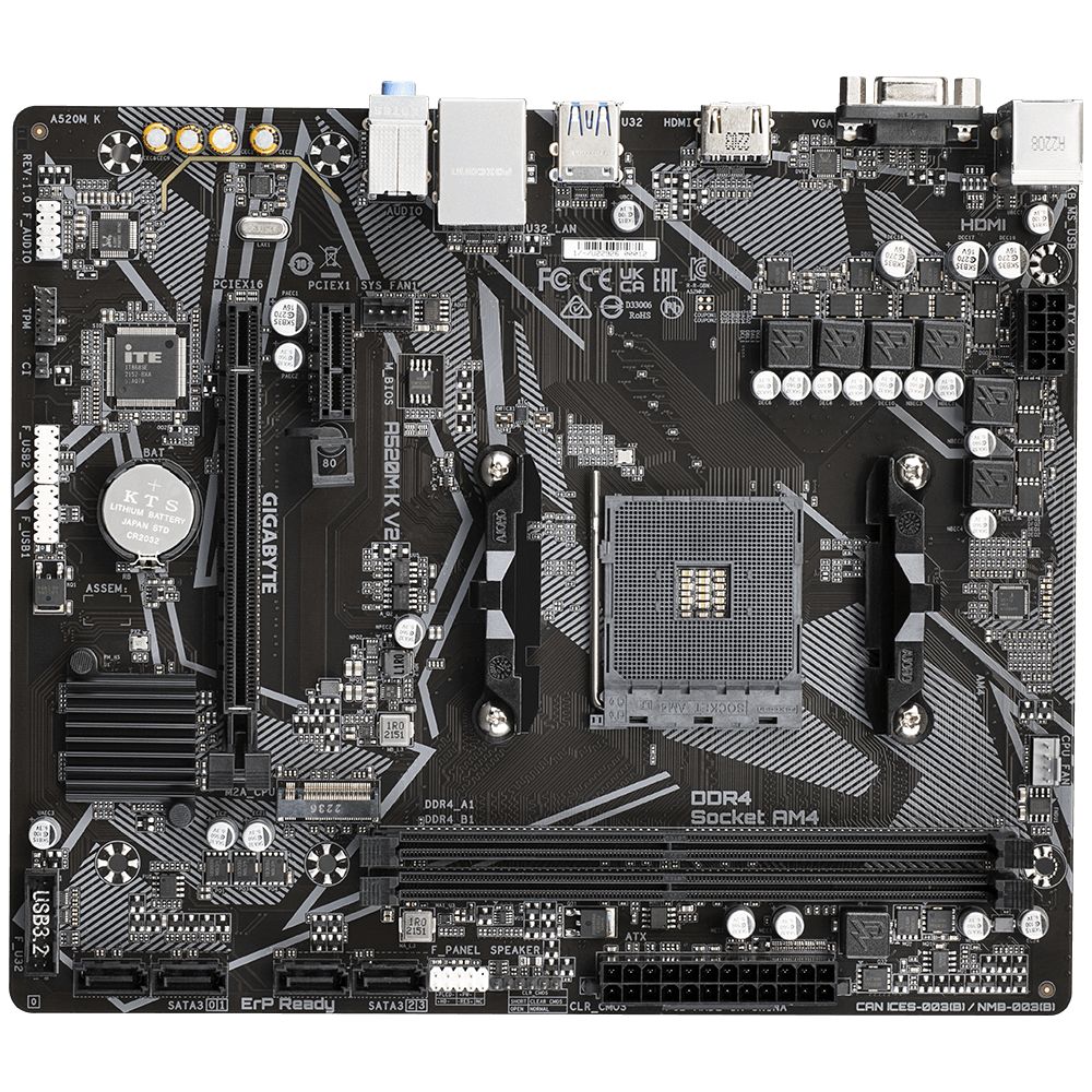 A520M K V2 1.0 - Placa base GIGABYTE A520M K V2: (AM4) 2DDR4 SATA3 M.2 PCIe USB 2.0 USB-A 3.0 HDMI VGA RJ45 PS/2 HDCP 7.1 mATX Gigabit Ethernet