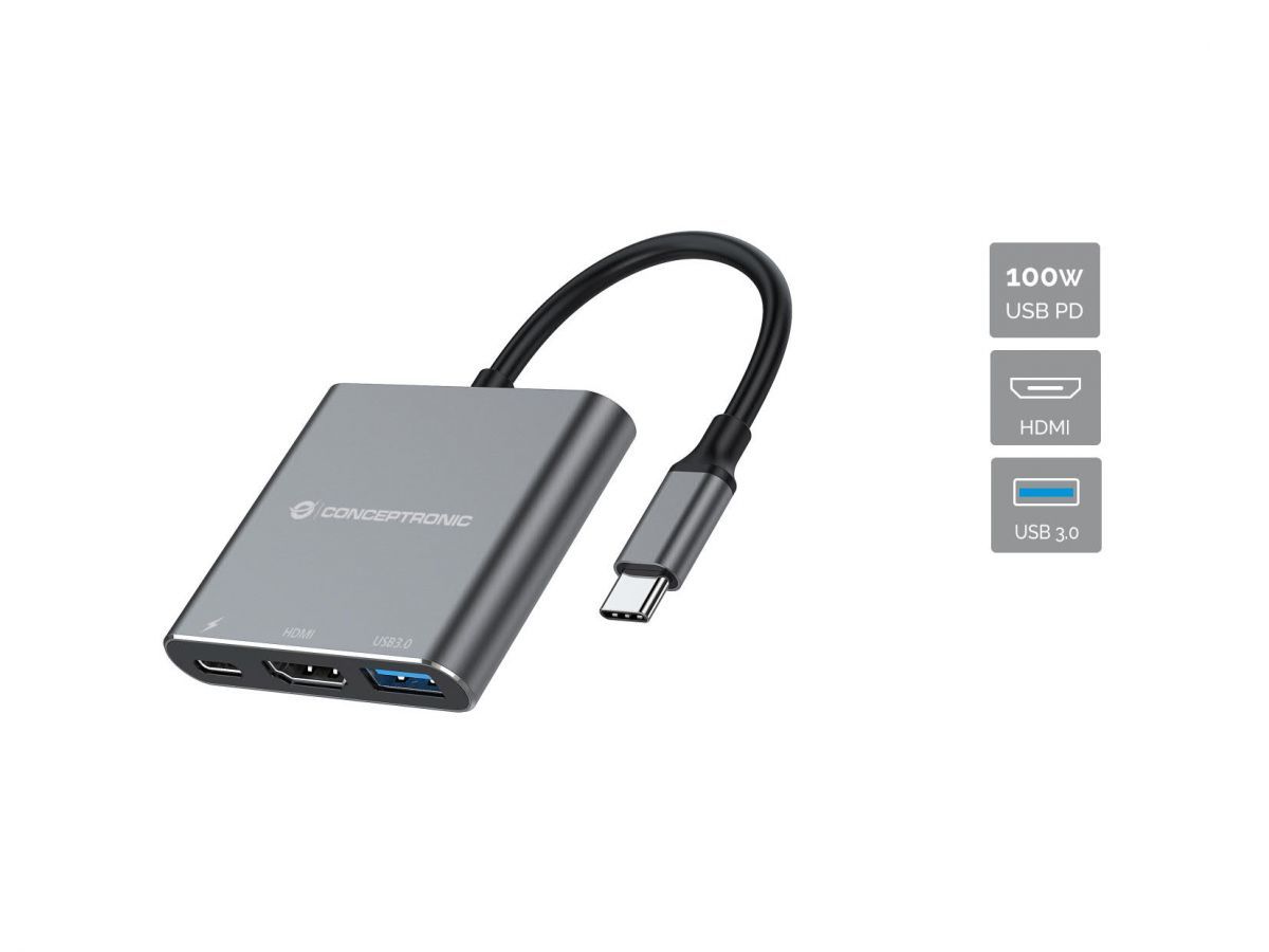 DONN18G - Adaptador CONCEPTRONIC USB-C a HDMI/USB-A/C PD 100W Gris (DONN18G)