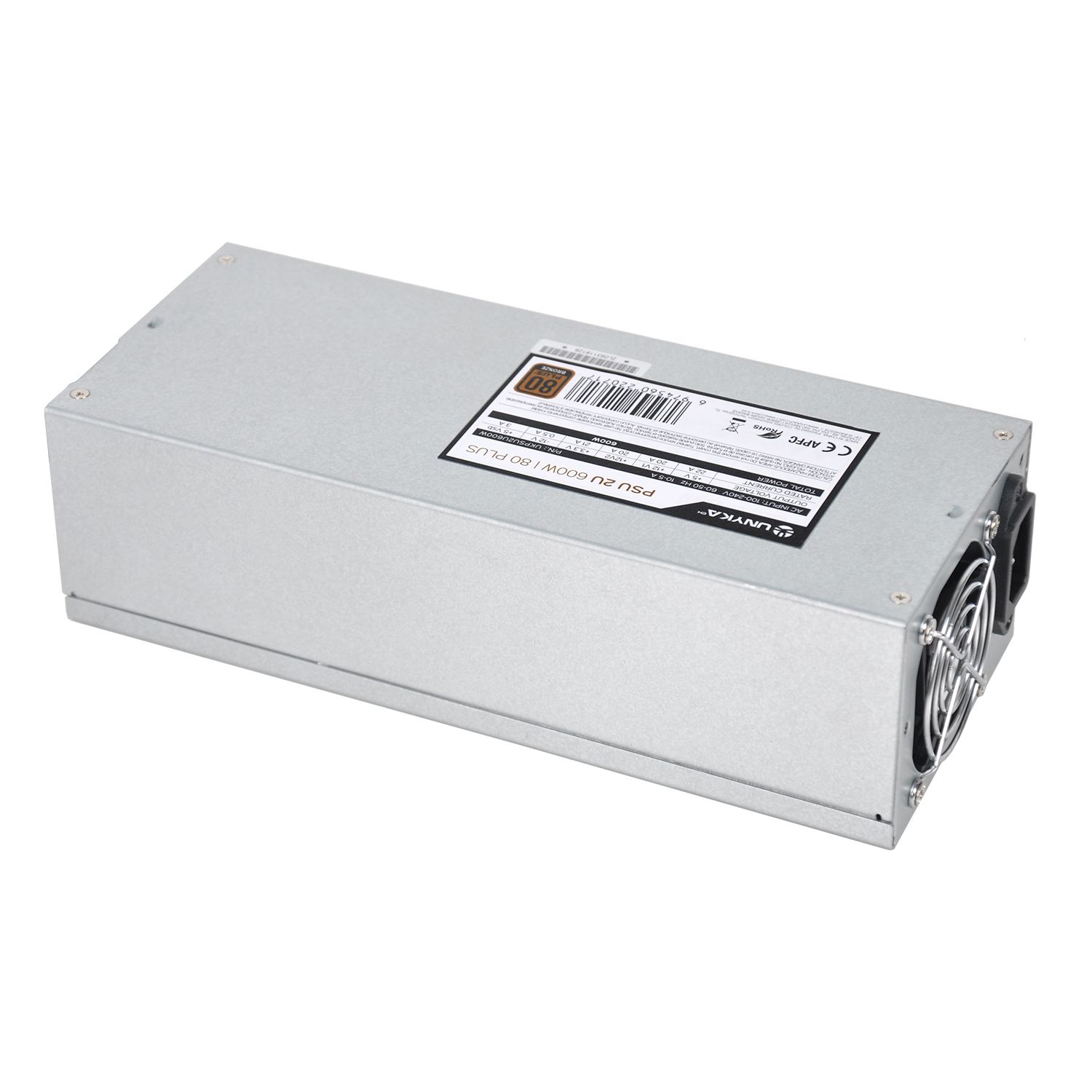 UKPSU2U600W - Fuente UNYKA FLEX 2U ATX 600W PFC 60mm 24-pin ATX Molex SATA PCIe 80 Plus Bronze Plata (UKPSU2U600W)