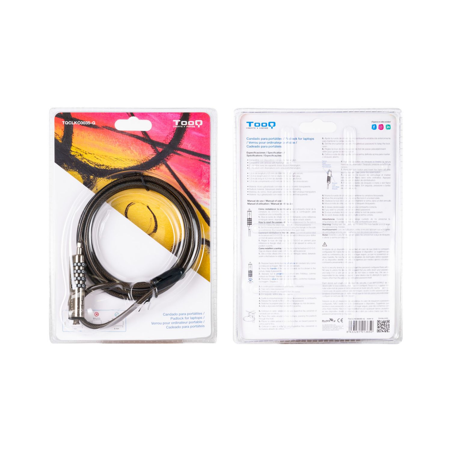 TQCLKC0035-G - Cable de Seguridad TooQ Tipo NANO para Porttiles con Combinacin de 4 Dgitos 1.5m Bloqueo Gris Oscuro (TQCLKC0035-G)