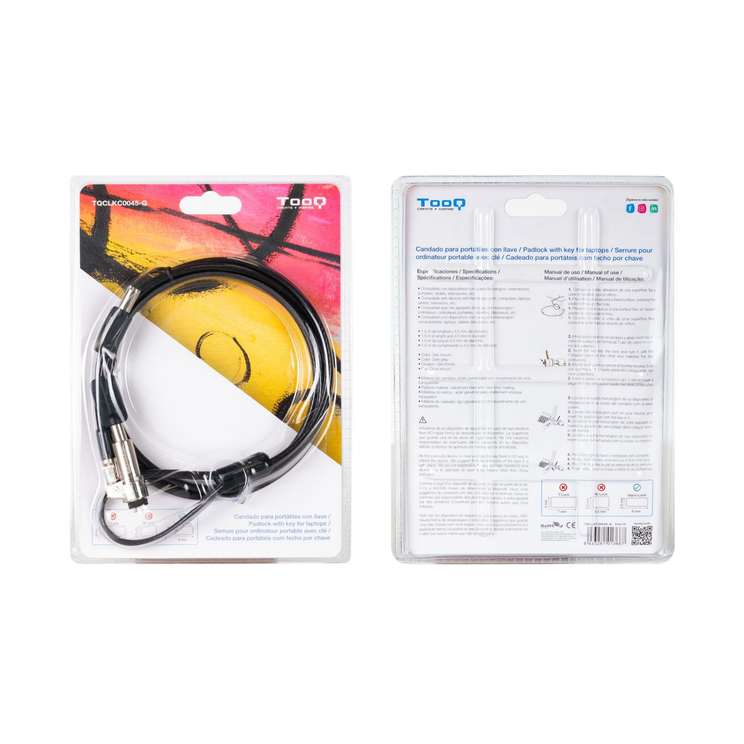 TQCLKC0045-G - Cable de Seguridad TooQ Llave Dispositivos con Ranura Tipo NANO 1.5m Gris (TQCLKC0045-G)