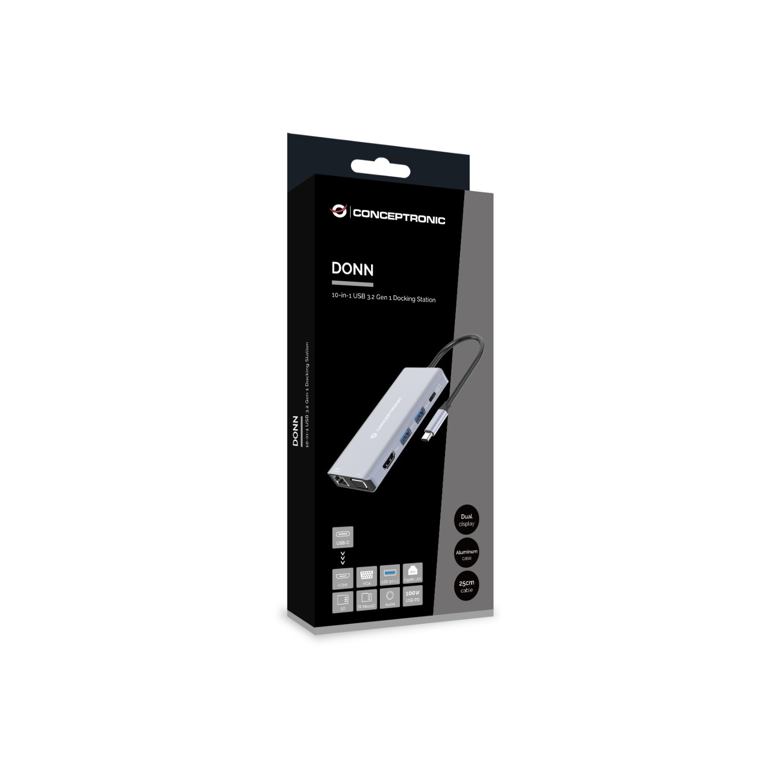 DONN20G - Adaptador CONCEPTRONIC 10en1 USB-C 3.0 a HDMI/VGA/USB-C PD 100W/USB-A 3.0/RJ45/Audio/SD/TF/mSD Gris (DONN20G)