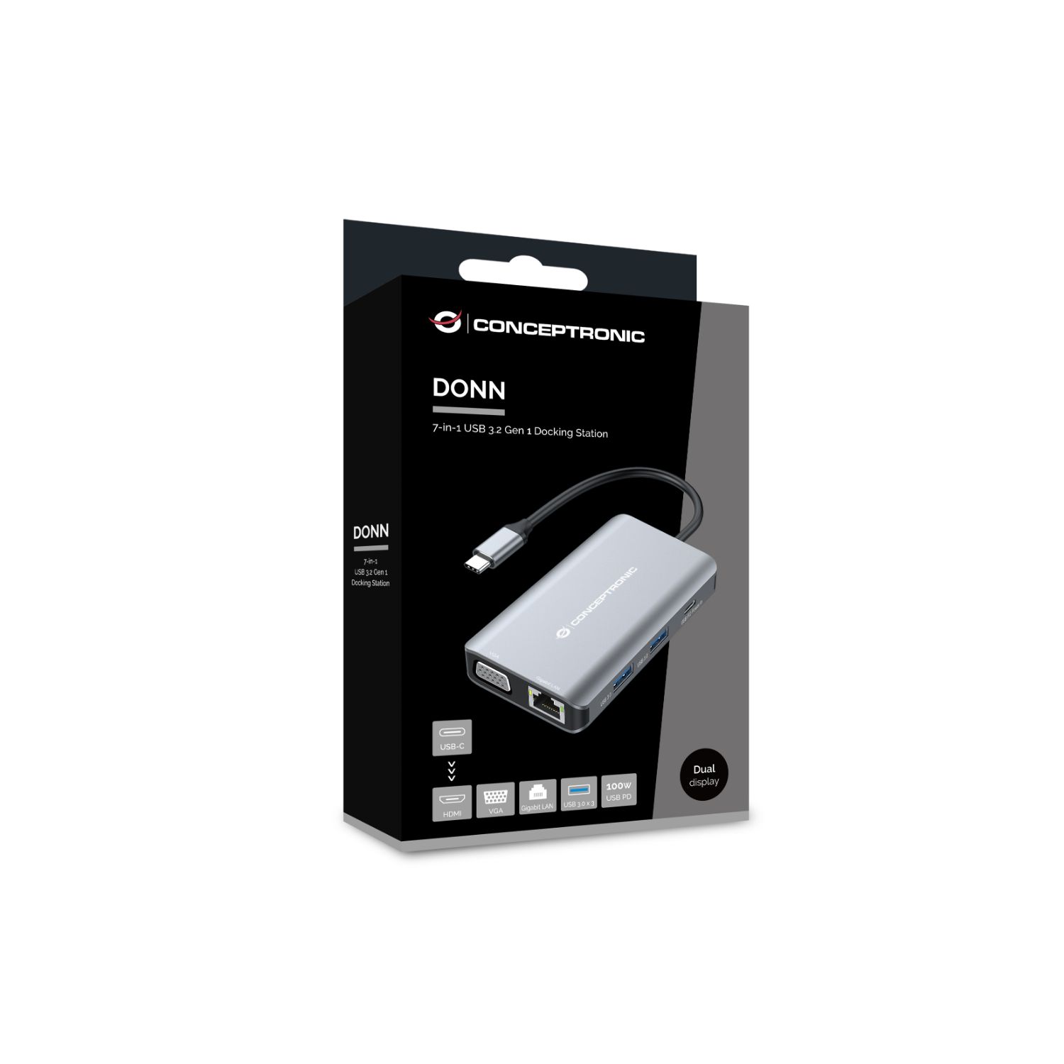 DONN21G - Adaptador CONCEPTRONIC 7en1 USB-C 3.0 a HDMI/VGA/USB-C PD 100W/3xUSB-A 3.0/RJ45 Gris (DONN21G)