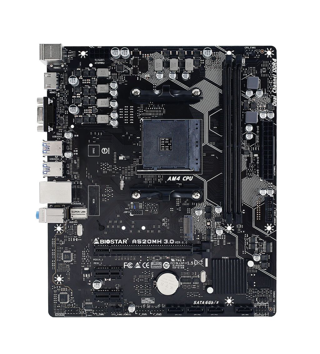 A520MH 3.0 - Placa base Biostar A520MH 3.0:(AM4) 2DDR4 4SATA3 M.2 PCIe USB 2.0 USB-A 3.0 HDMI VGA RJ45 PS/2 HDCP mATX Gigabit Ethernet
