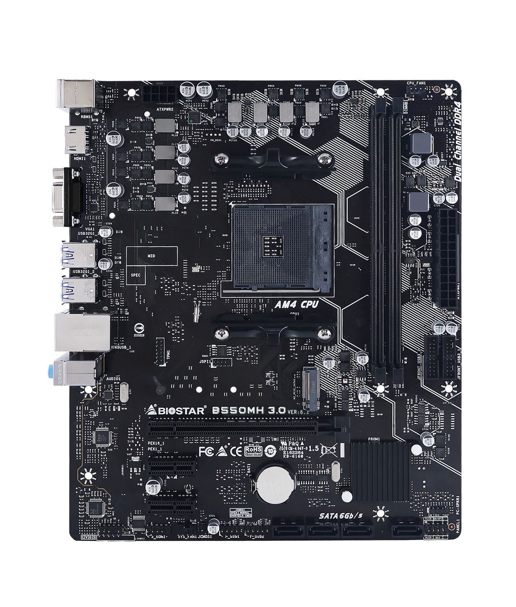 B550MH 3.0 - Placa base Biostar B550MH 3.0: (AM4) 2DDR4 SATA3 M.2 PCIe USB 2.0 USB-A 3.0 HDMI VGA RJ45 PS/2 HDCP 7.1 mATX Gigabit Ethernet