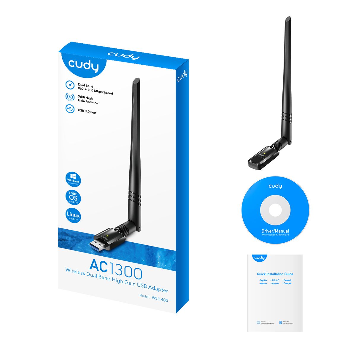 WU1400 - Adaptador CUDY AC1300 WiFi 5 DualBand USB 2.0/3.0 Antena Externa 5dBi (WU1400)