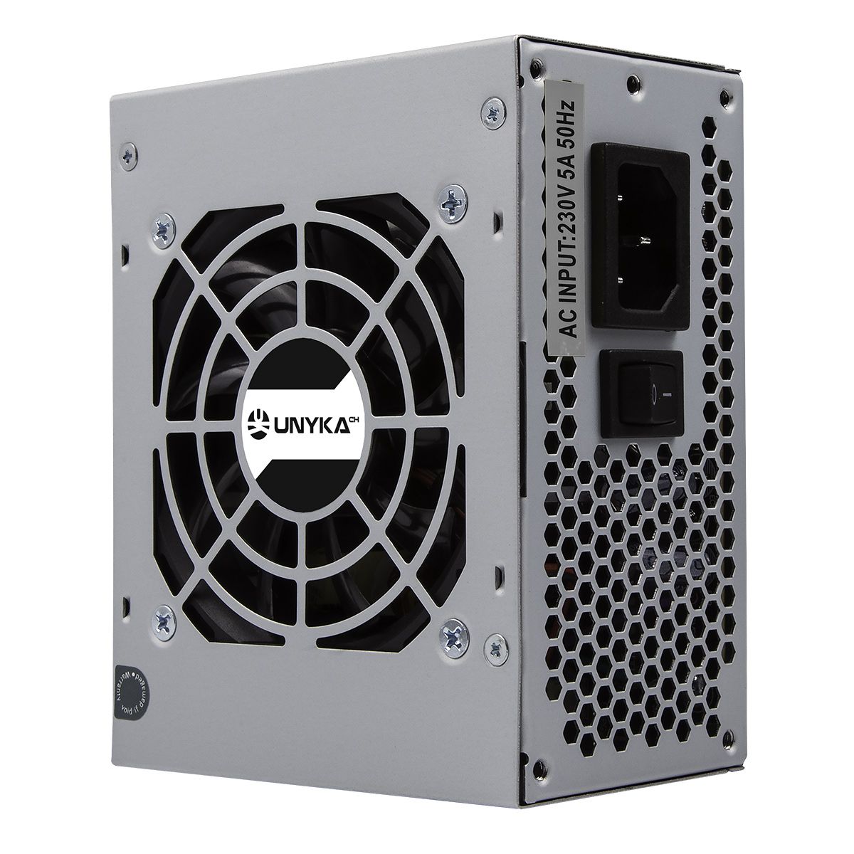 OUT5253 - Fuente UNYKA SFX 450W 78% 80mm Plata OEM (52017) (OUT5253). Buen estado. Marcas de uso. Completa. (OUTLET)