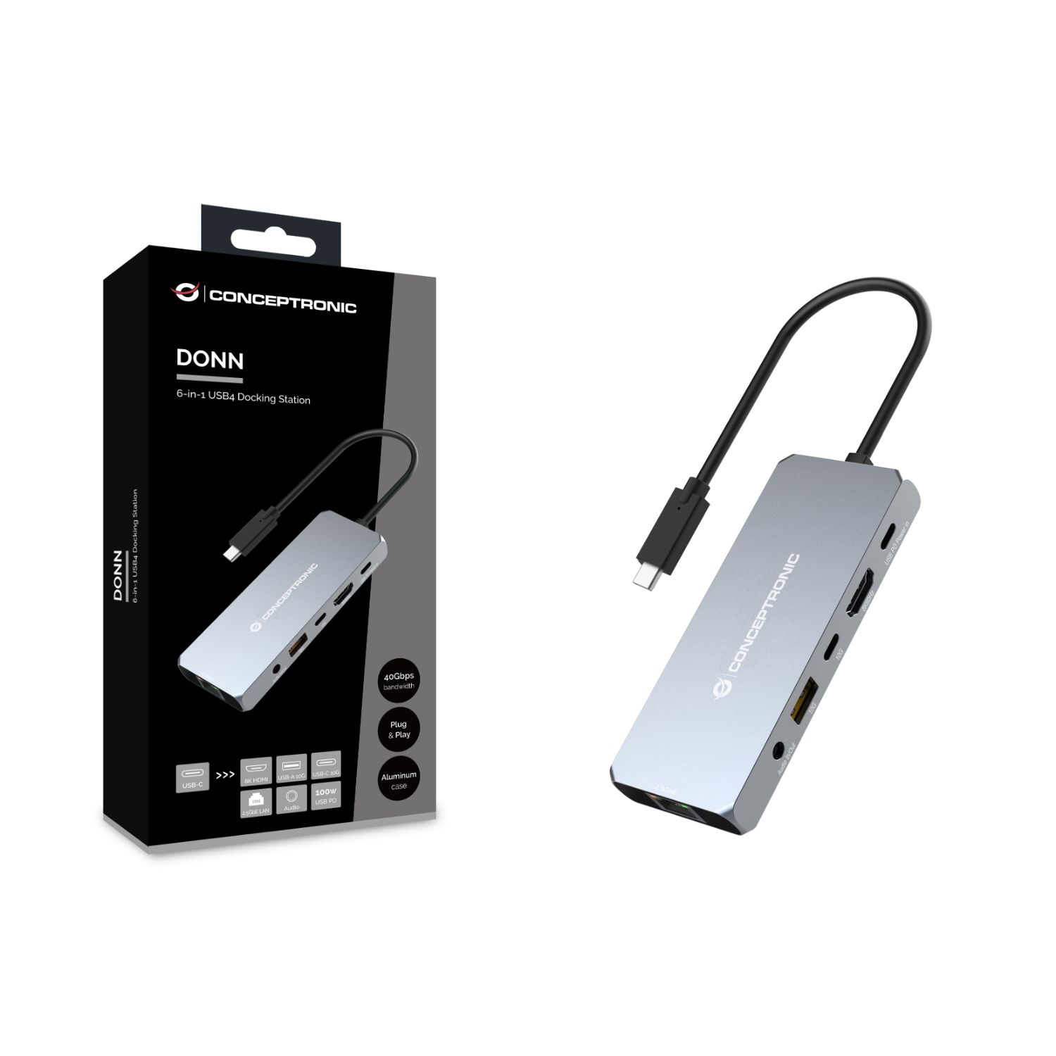 DONN22G - Docking Station CONCEPTRONIC 6en1 USB4 a HDMI/2.5GbE/USB-C PD 100W/USB-C 3.1/USB-A 3.1/Audio Gris (DONN22G)