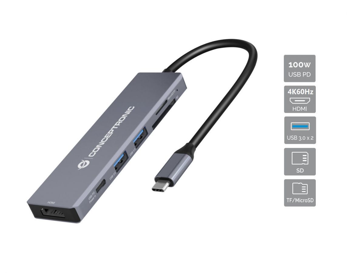 DONN23G - Docking Station CONCEPTRONIC 6en1 USB-C 3.0 a HDMI/USB-A 3.0/USB-C PD 100W/SD/TF/MicroSD Gris (DONN23G)