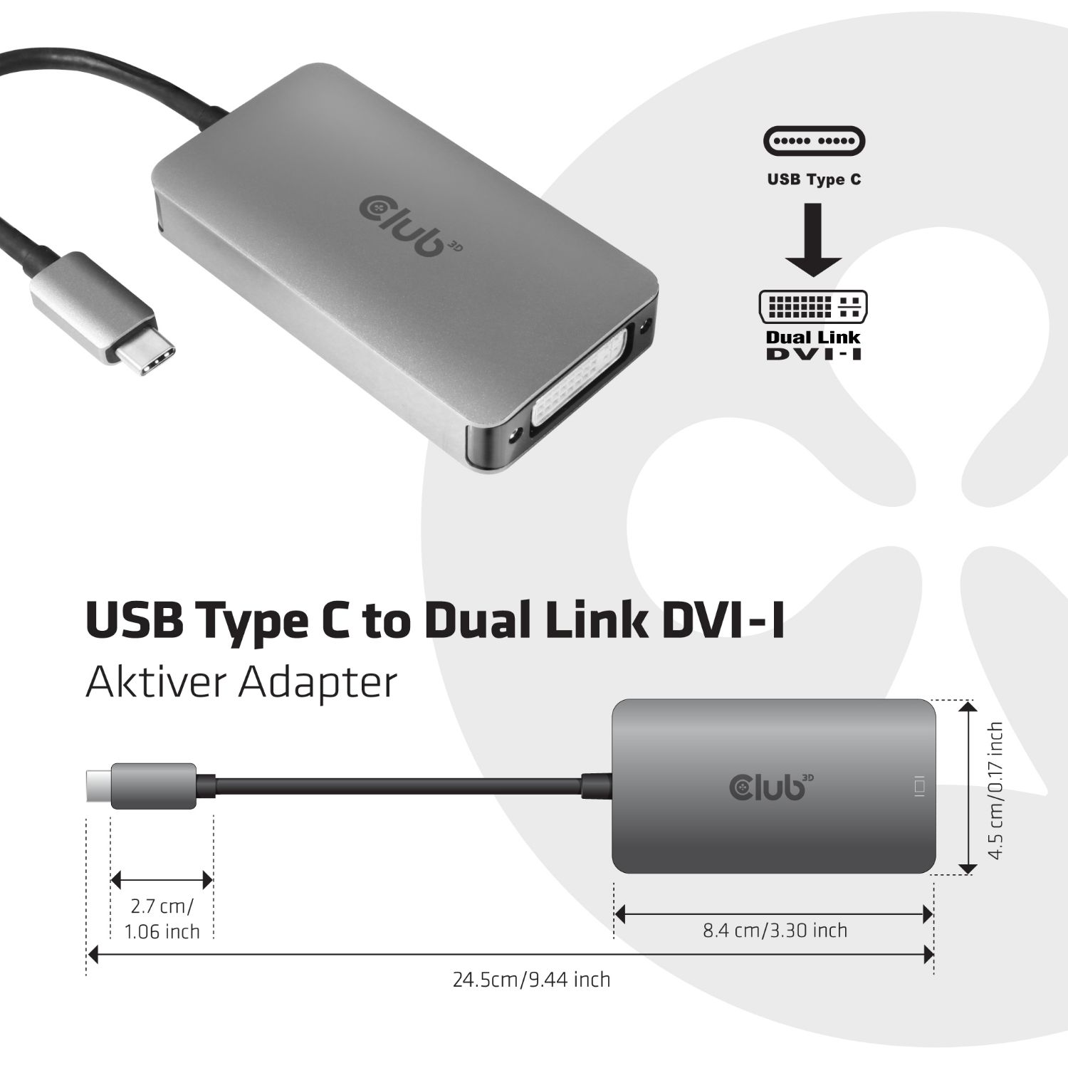 CAC-1510 - Adaptador Club 3D USB-C 3.0/M a DVI-D/H Gris (CAC-1510)