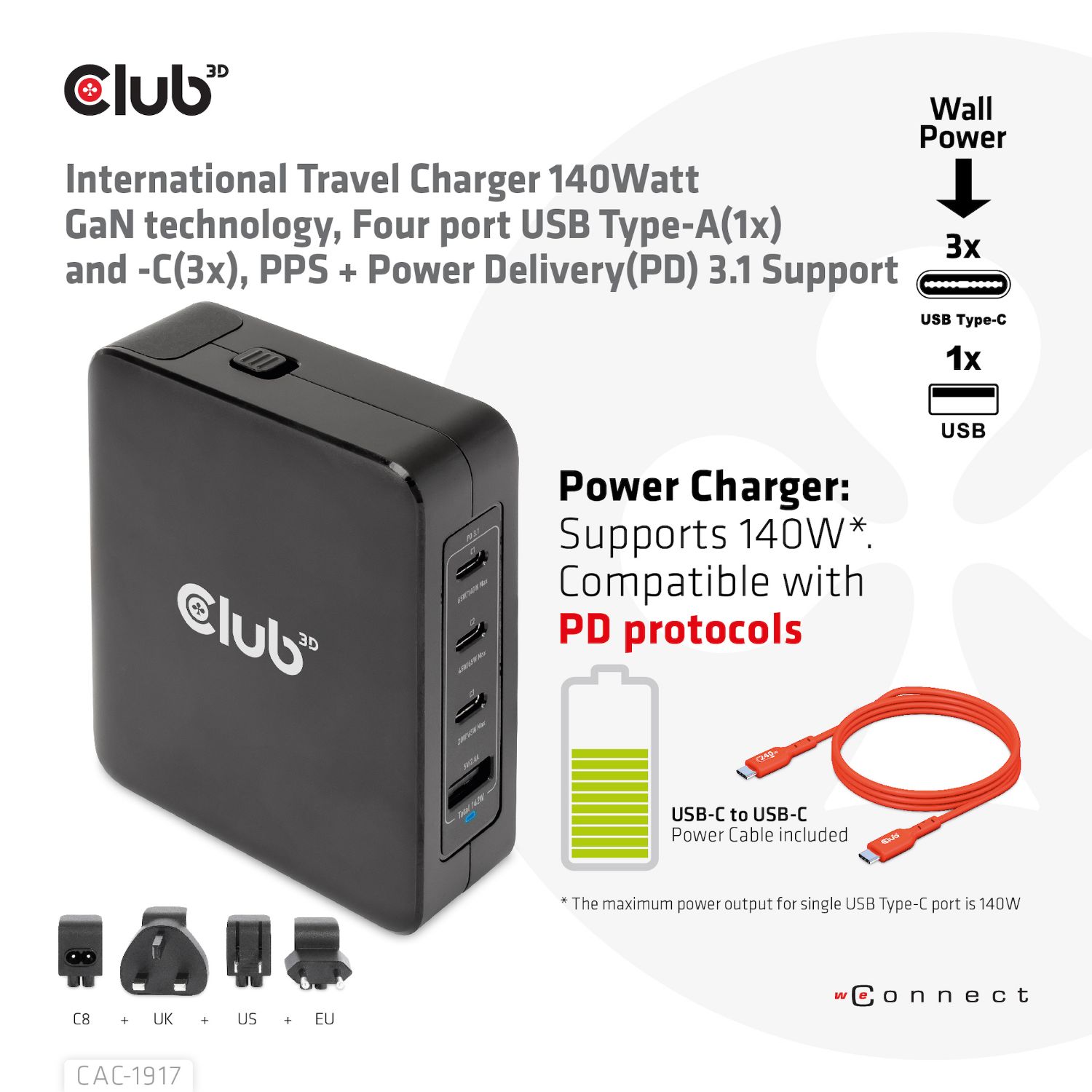 CAC-1917 - Cargador de Viaje Club 3D 140W PD 3.1 3xUSB-A 1xUSB-C Negro (CAC-1917)