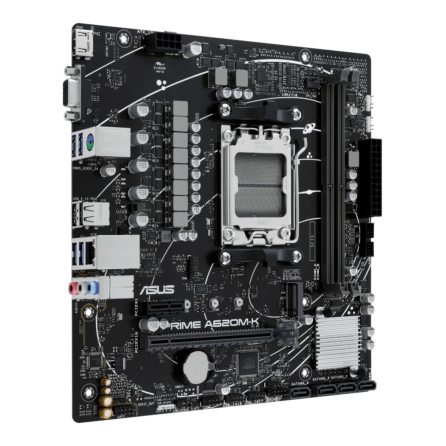 90MB1F40-M0EAY0 - Placa base ASUS PRIME A620M-K: (AM5) 2DDR5 M.2 SATA3 PCIe USB 2.0 USB-A 3.0 VGA HDMI RJ45 PS/2 7.1 mATX Gigabit Ethernet