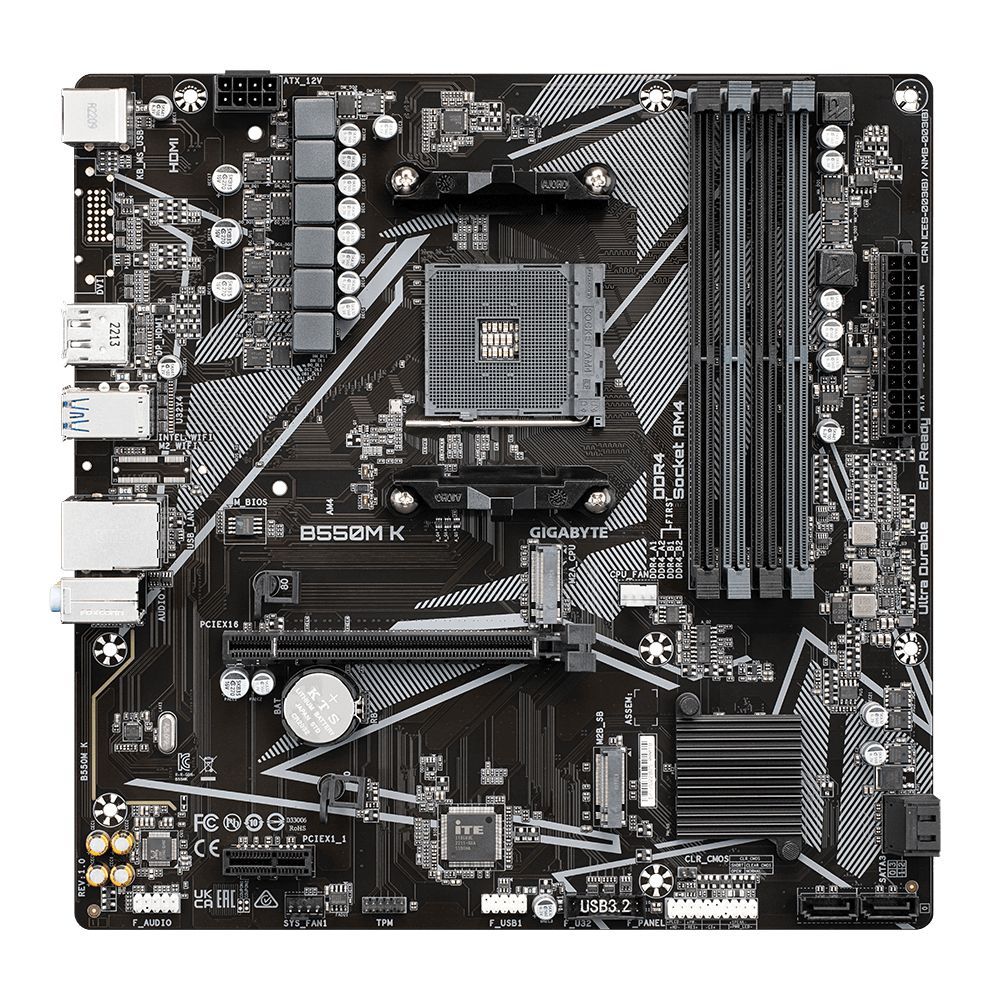 9MB55MK-00-10 - Placa base GIGABYTE B550M K:(AM4) 4DDR4 M.2 PCIe 3.0/4.0 USB 2.0 USB-A 3.0 HDMI DP PS/2 RJ45 7.1 mATX Gigabit Ethernet