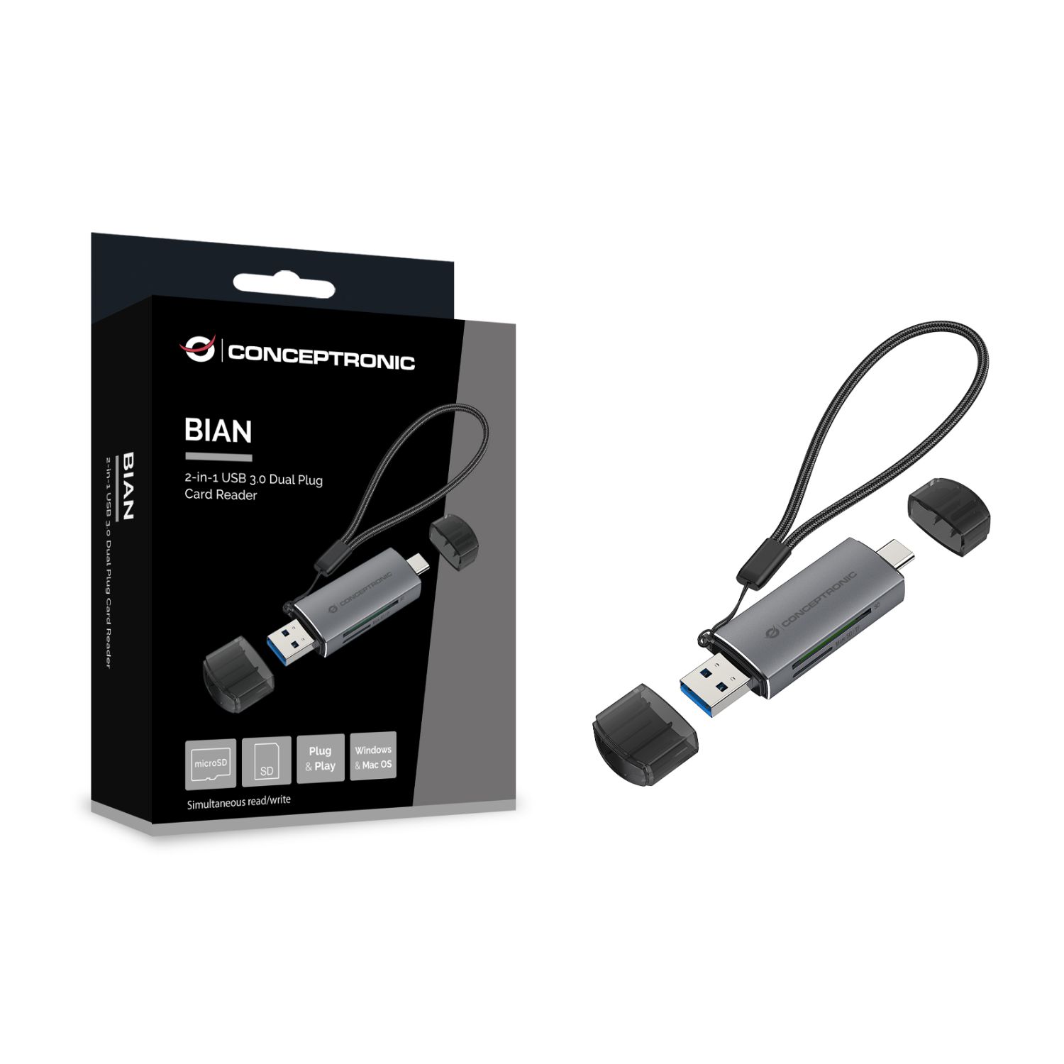 BIAN05G - Lector Tarjetas CONCEPTRONIC USB-A/C 3.0 SD/SDHC/SDXC/Micro SD Gris (BIAN05G)