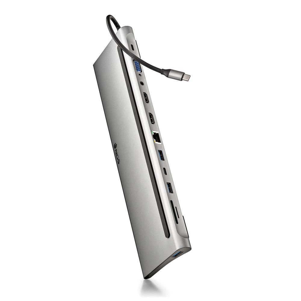 WONDERDOCK12 - Dock Station NGS 12en1 USB-C 3.1 a 1xUSB 2.0 2xUSB-A 3.0 1xUSB-C 3.0 1xVGA 2xHDMI 1xPD 100W 1xSD 1xTF 1x3.5mm 1xRJ45 Plata (WONDERDOCK12)
