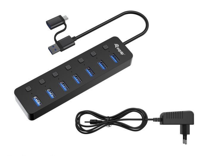 EQ128965 - Hub EQUIP Life 7xUSB-A 3.0 + Adaptador USB-C Negro (EQ128965)