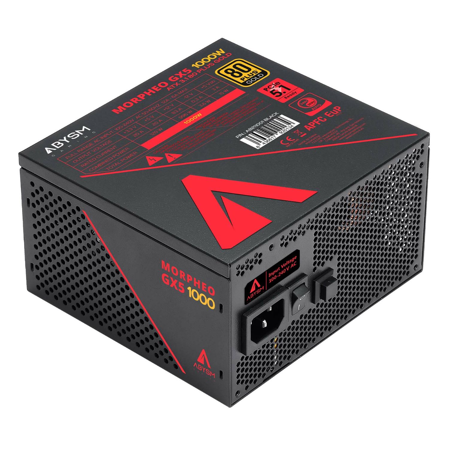 AB211001 - Fuente Abysm Morpheo GX5 ATX 1000W PFC Activo 12cm 20+4 pin ATX 4xMolex EPS 80 Plus Gold Negra/Roja (AB211001)