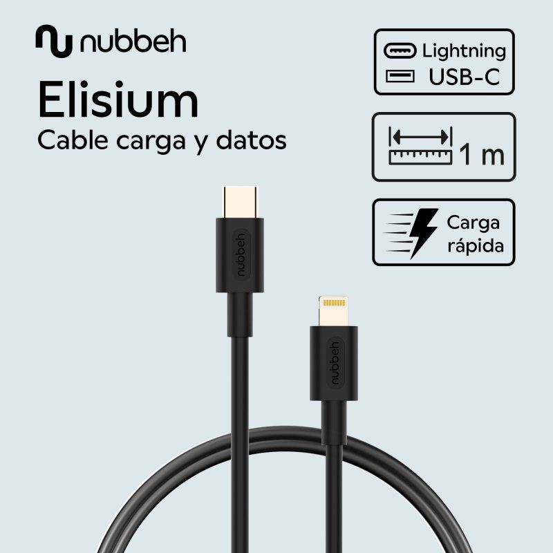 NBTCABLCLB1 - Cable NUBBEH Elisium USB-C/M a Lightning/M 1m 2A Negro (NBTCABLCLB1)