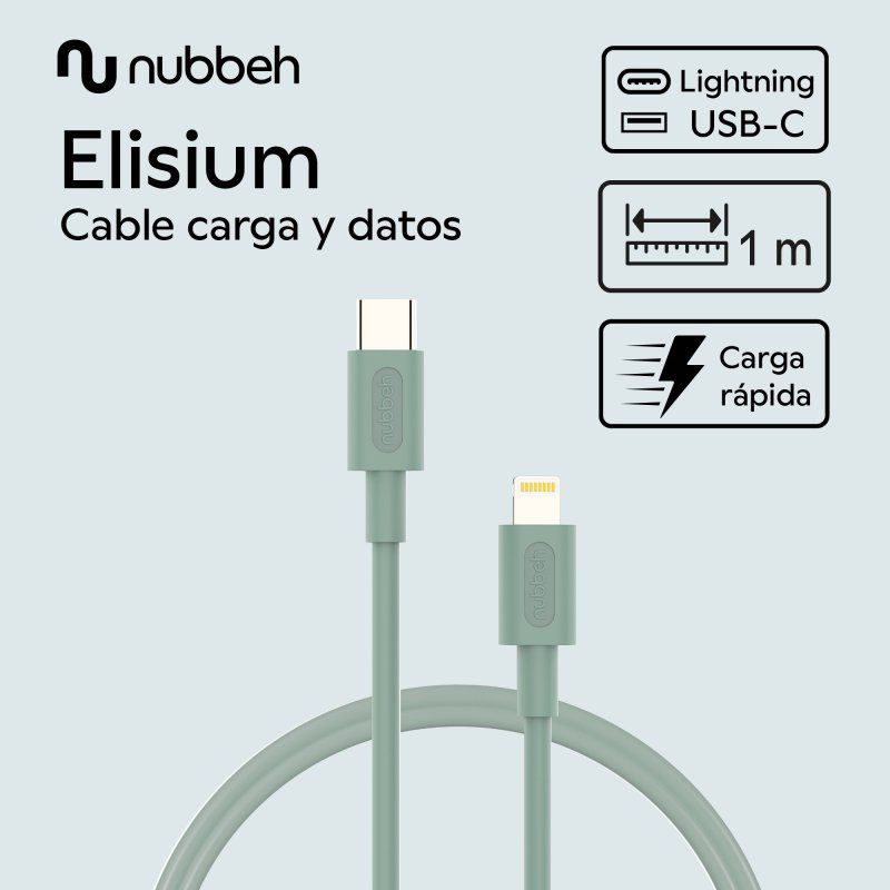 NBTCABLCLG1 - Cable NUBBEH Elisium USB-C/M a Lightning/M 1m 2A Verde (NBTCABLCLG1)
