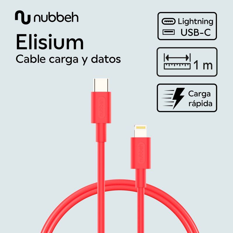 NBTCABLCLR1 - Cable NUBBEH Elisium USB-C/M a Lightning/M 1m 2A Rojo (NBTCABLCLR1)