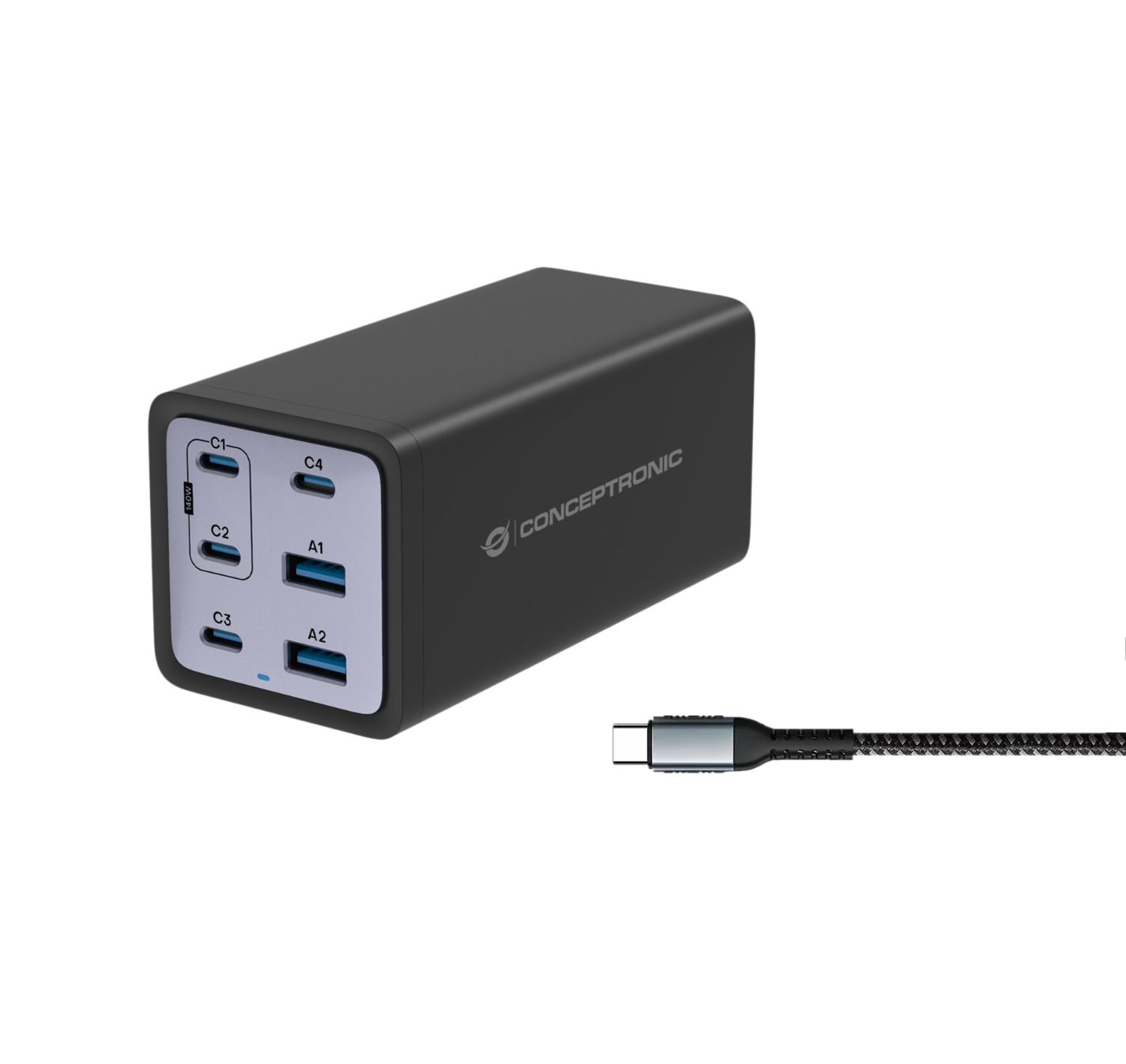 OZUL06BE - Cargador CONCEPTRONIC 200W 2xUSB-A 3.0 4xUSB-C PD 3.1 QC 3.0 Negro (OZUL06BE)