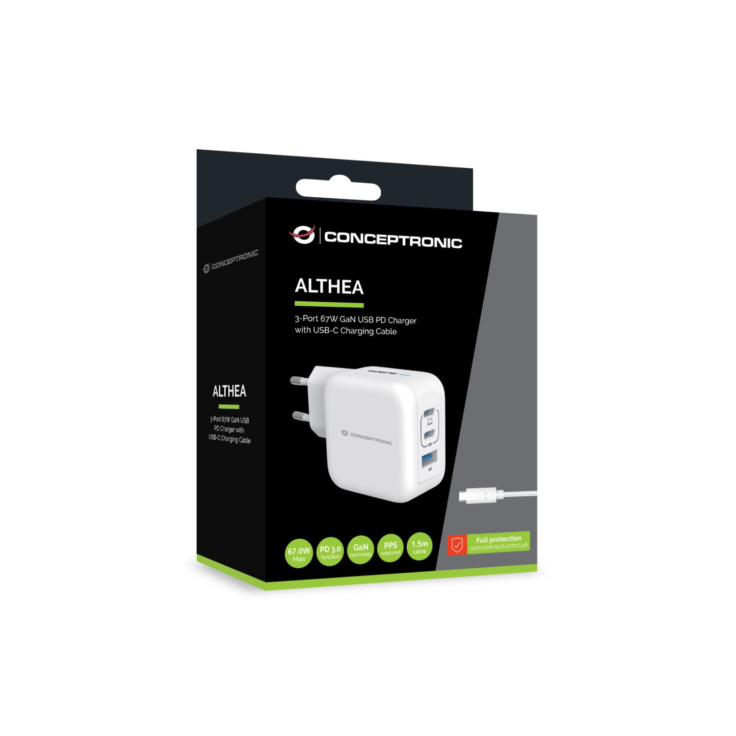 ALTHEA17W - Cargador de Pared CONCEPTRONIC Universal 1xUSB-A 2xUSB-C PD 3.0 QC 3.0 67W Blanco (ALTHEA17W)