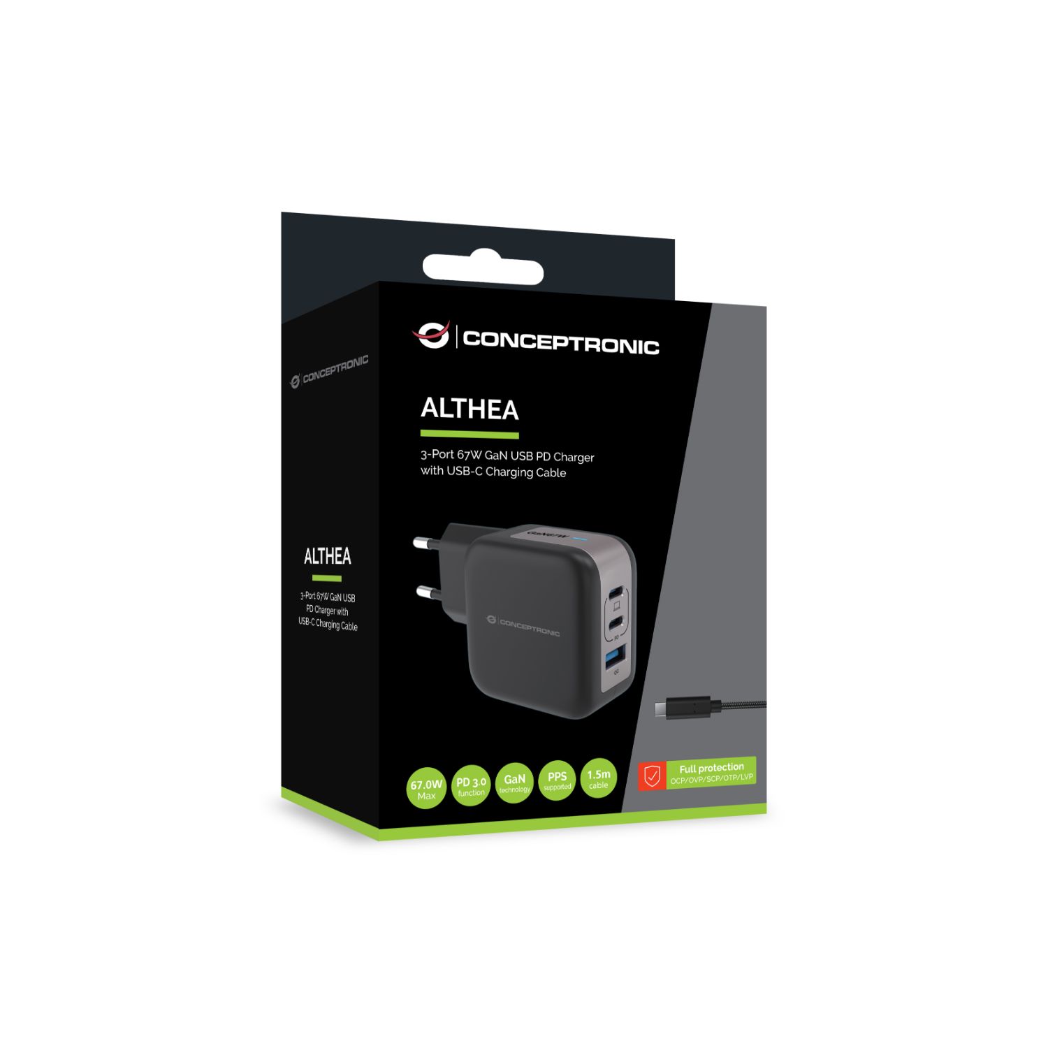 ALTHEA17B - Cargador de Pared CONCEPTRONIC Universal 1xUSB-A 2xUSB-C PD 3.0 QC 3.0 67W Negro (ALTHEA17B)