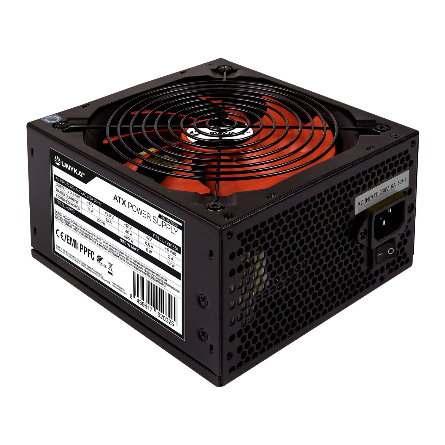 UK210551 - Fuente UNYKA ATX 550W PFC Pasivo 140mm 20+4 pin ATX 3x Molex EPS Negra/Roja (UK210551)