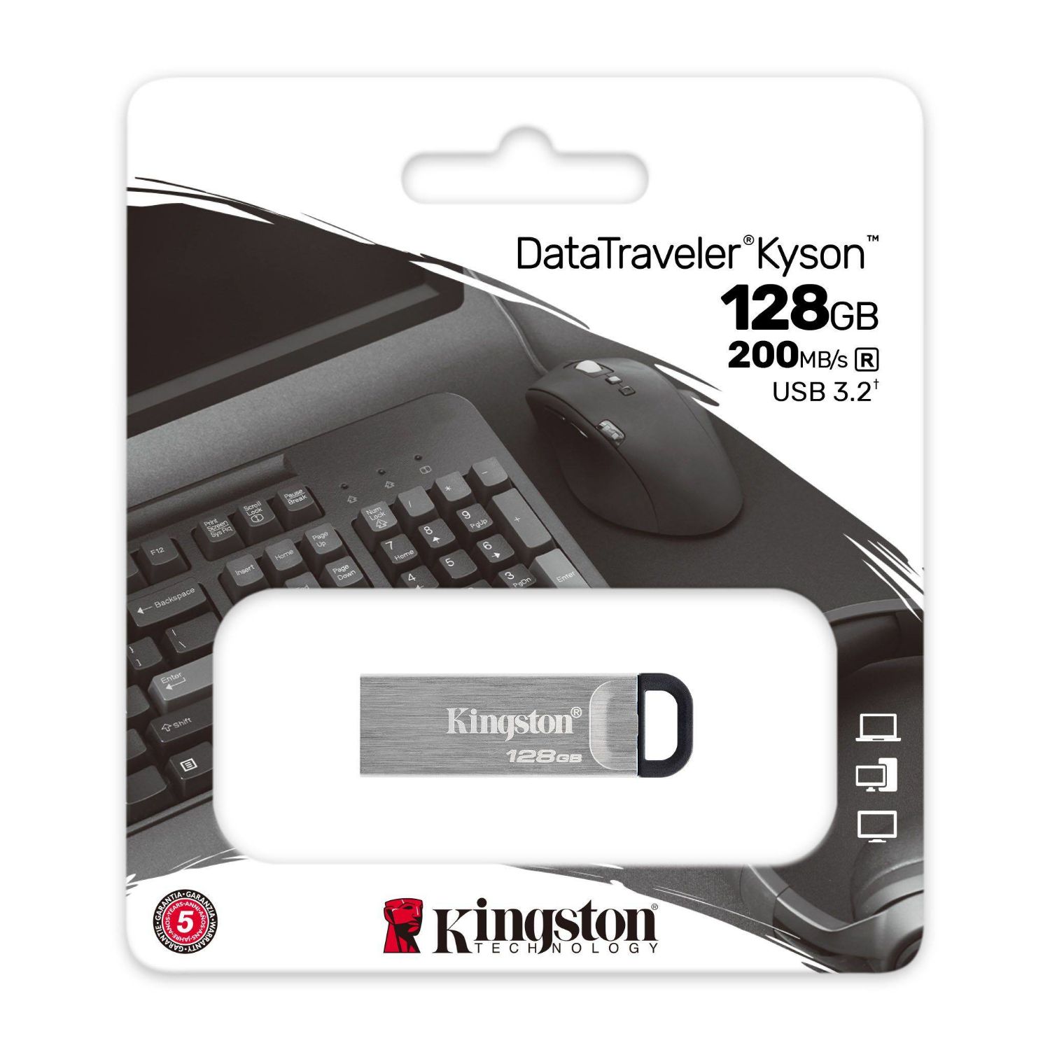 DTKN/128GB - Pendrive Kingston DataTraveler Kyson 128Gb USB-A 3.0 Lectura 200Mb/s Escritura 60Mb/s Llavero Plata (DTKN/128GB)