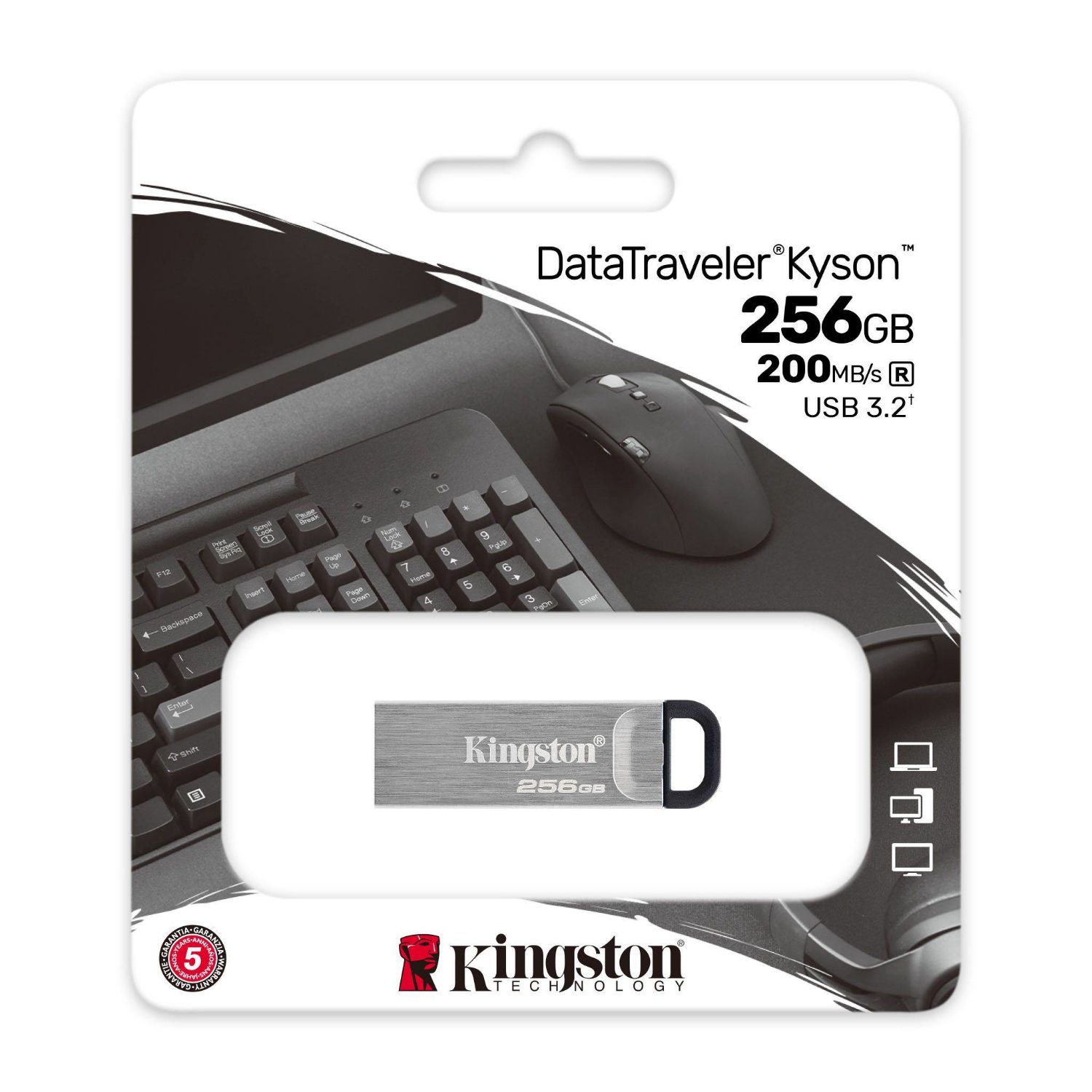 DTKN/256GB - Pendrive Kingston DataTraveler Kyson 256Gb USB-A 3.0 Lectura 200Mb/s Escritura 60Mb/s Llavero Plata (DTKN/256GB)