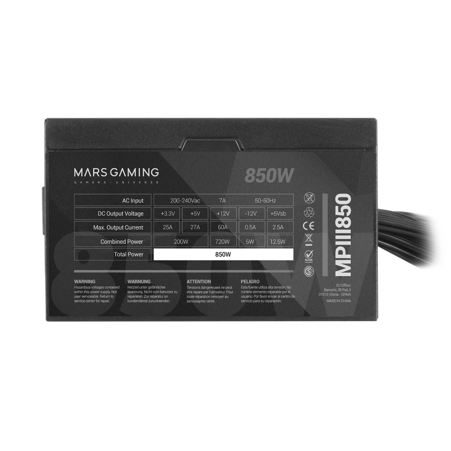 MPIII850 - Fuente Mars Gaming ATX 850W 85% 120mm 20+4 pin ATX Negra/Roja (MPIII850)