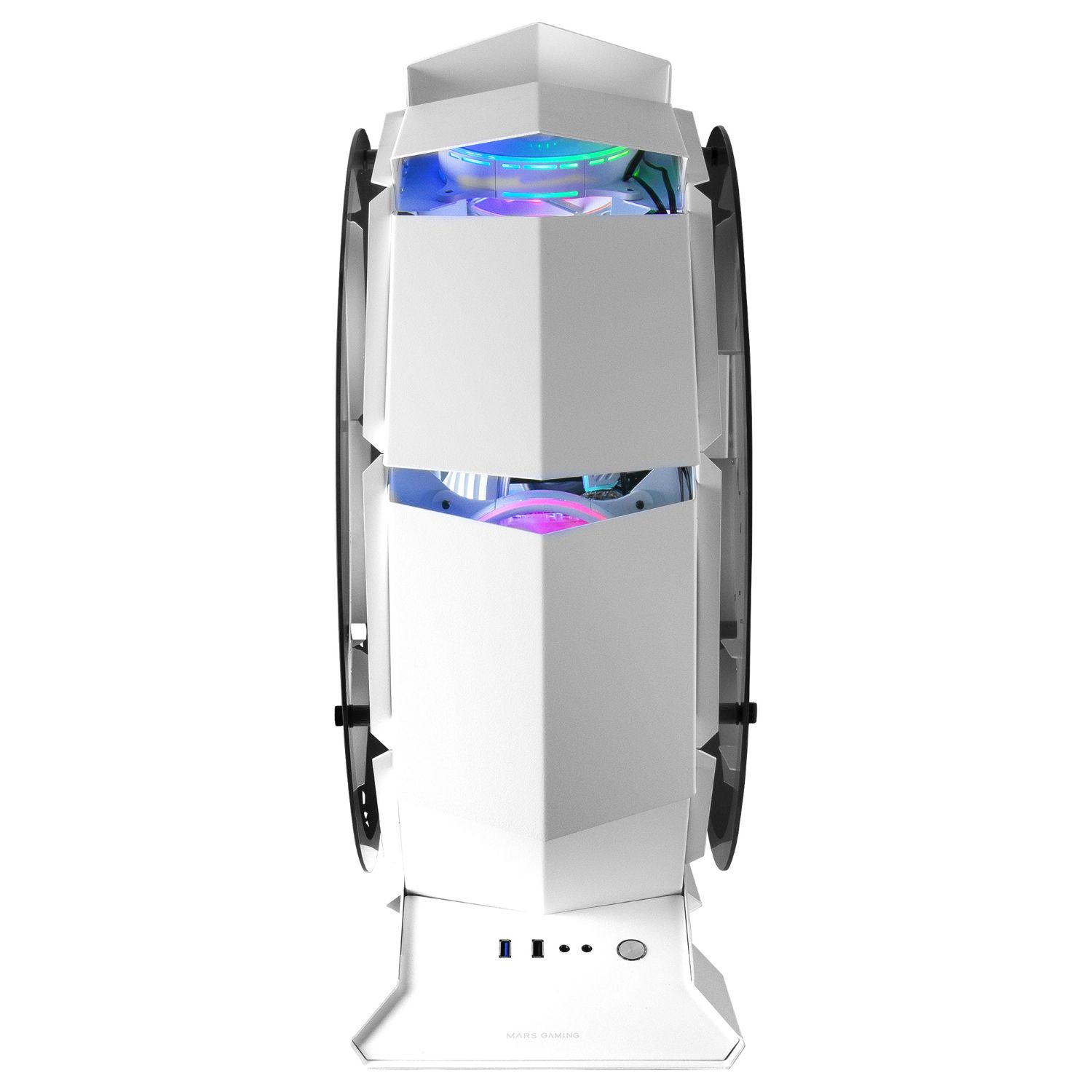 MCORBW - Torre Circular Mars Gaming Premium Doble Ventana de Cristal Templado Sin Fuente 1xUSB 2.0 1xUSB-A 3.0 mATX Mini-ITX Blanca (MCORBW)