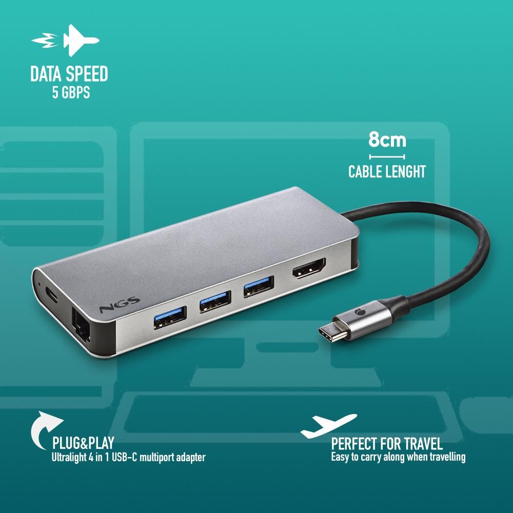 WONDERDOCK8 - Docking NGS 8en1 USB-C a USB-A 2.0/USB-C PD 60W/HDMI/RJ45/Lector SD/TF Aluminio (WONDERDOCK8)