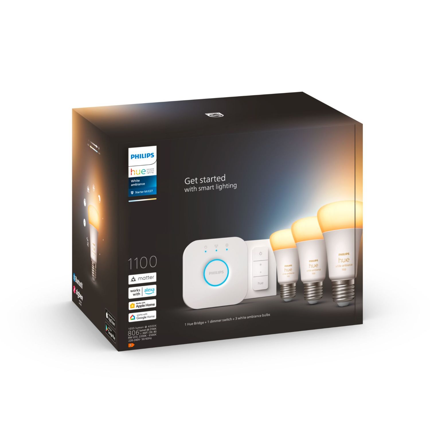 929002468403 - Kit Philips 3 Bombillas Inteligentes LED E27 75W Bluetooth/Zigbee Luz Fra/Blanco Clido + Hue Bridge (929002468403)