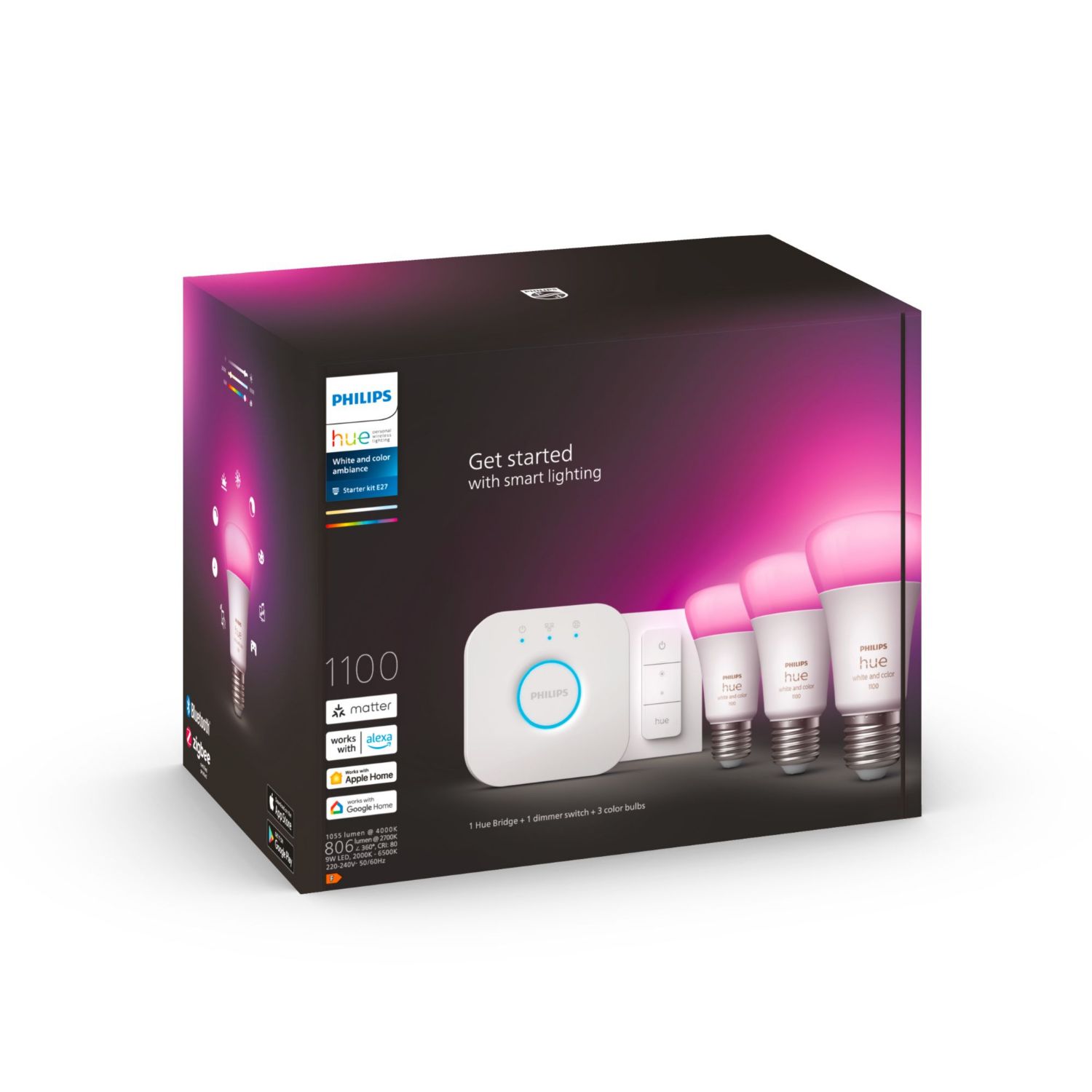 929002468804 - Bombilla Inteligente Philips Hue LED Blanco/Color E27 806L 75W Bluetooth/Zigbee Kit 3 Unidades Blanca (929002468804)