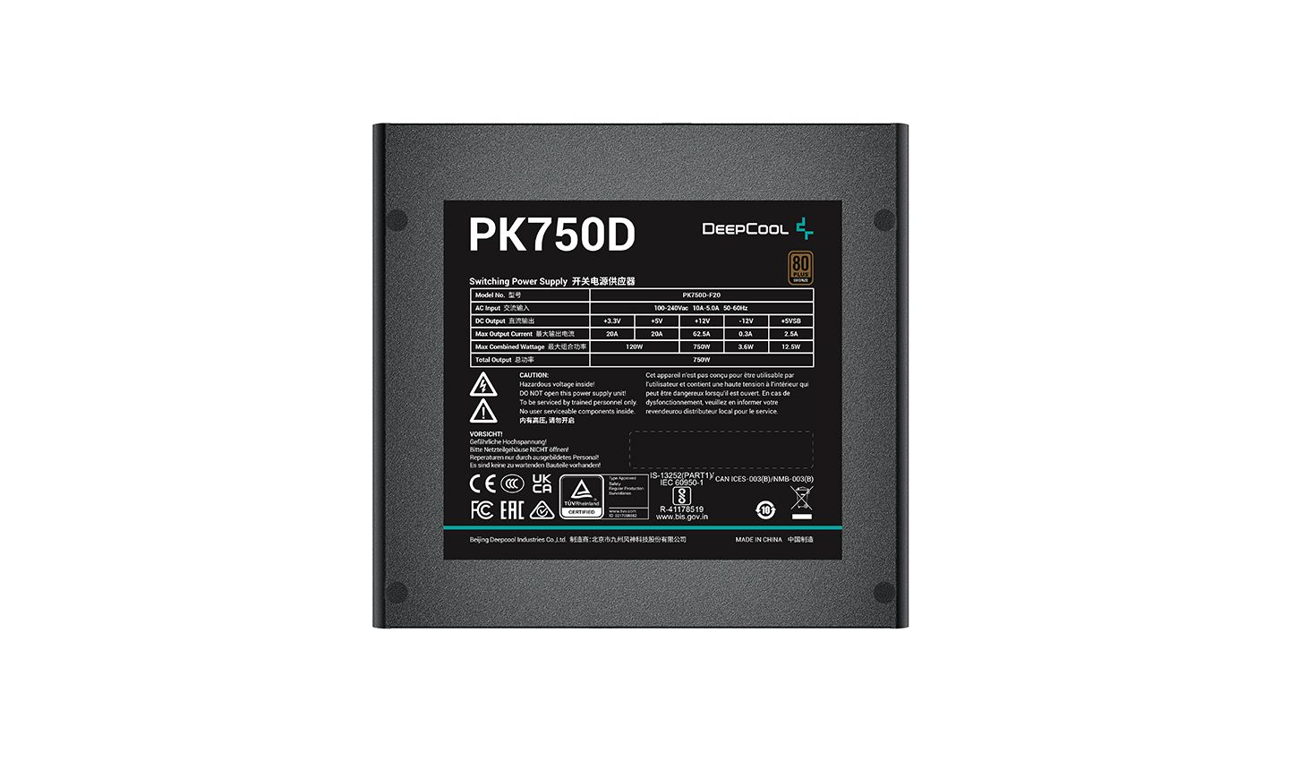 R-PK750D-FA0B-EU - Fuente DeepCool ATX 750W 120mm 20+4 pin ATX Molex SATA EPS PCIe 80 Plus Bronze Negra (R-PK750D-FA0B-EU)