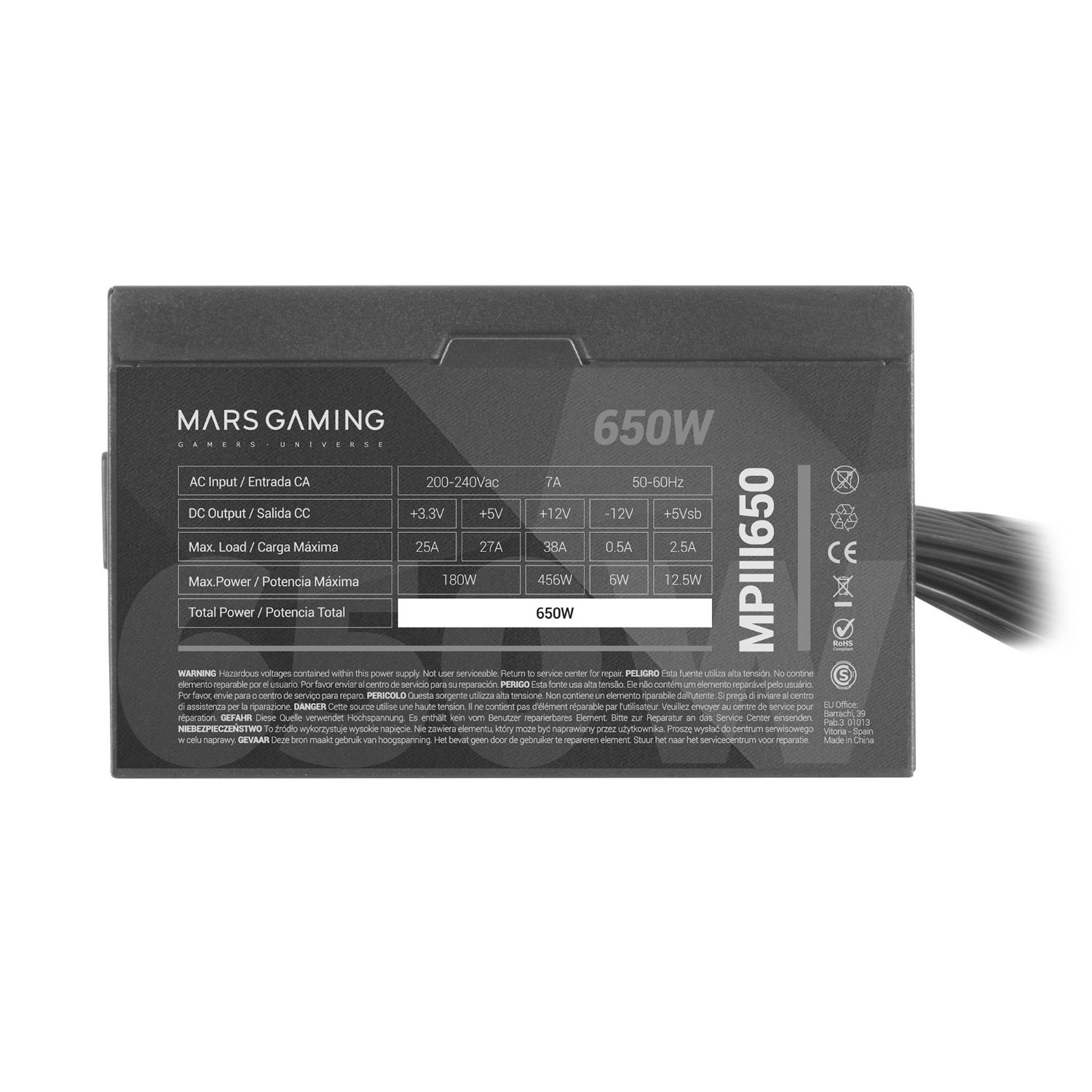 MPIII650 - Fuente Mars Gaming ATX 650W PFC 85% 120mm 24-pin ATX Molex SATA PCIe Negra (MPIII650)